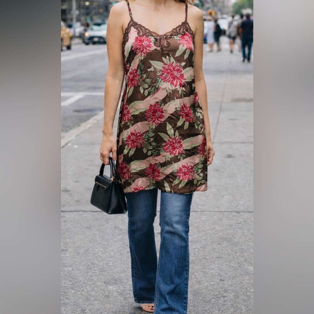 Slip Dress Satin Brown Pink Green Flowers Lace coquette NWOT streetwear 1X Plus